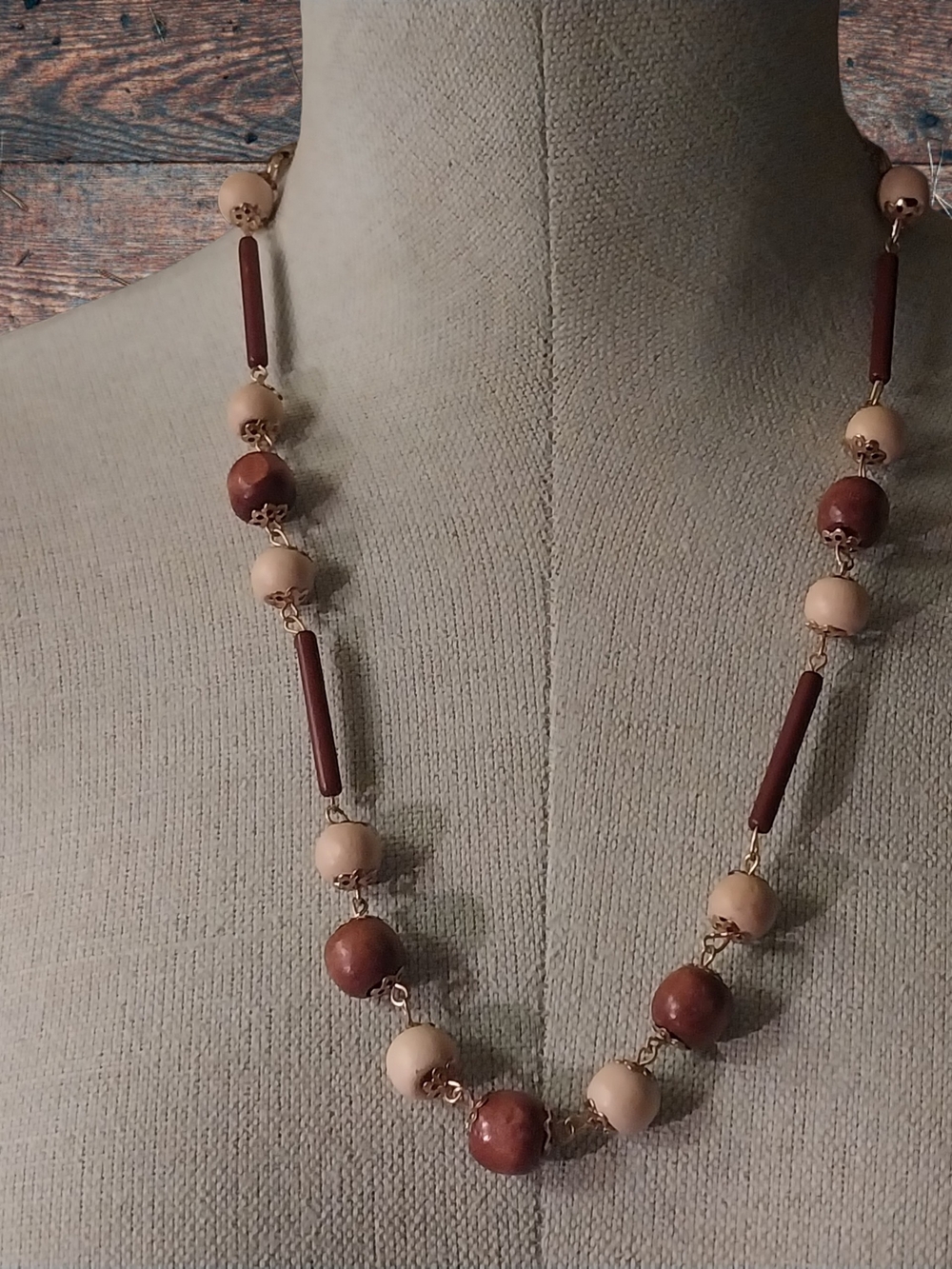 Beaded Long Necklace in Brown and Cream -